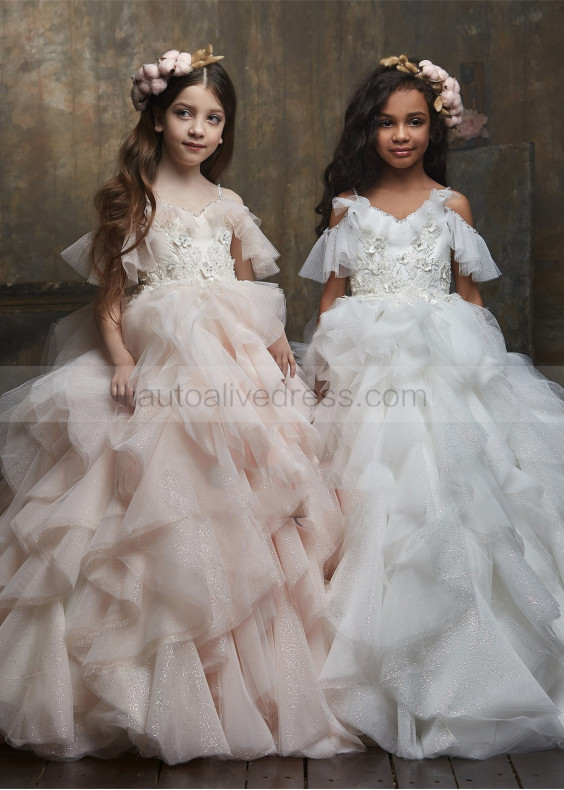 Cold Shoulder Beaded Lace Tulle Ruffle Sparkle Flower Girl Dress